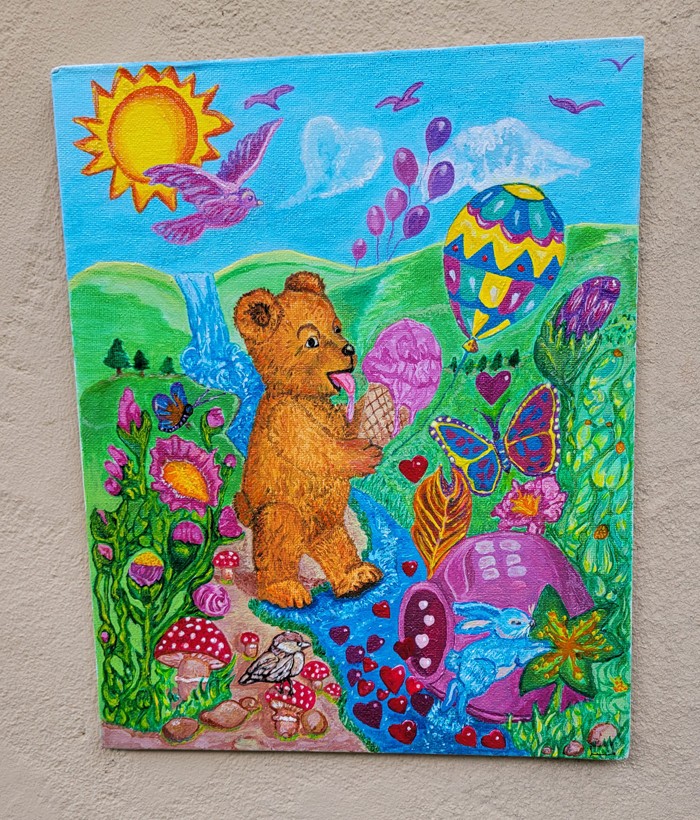 Ourson peint en peinture acrylique